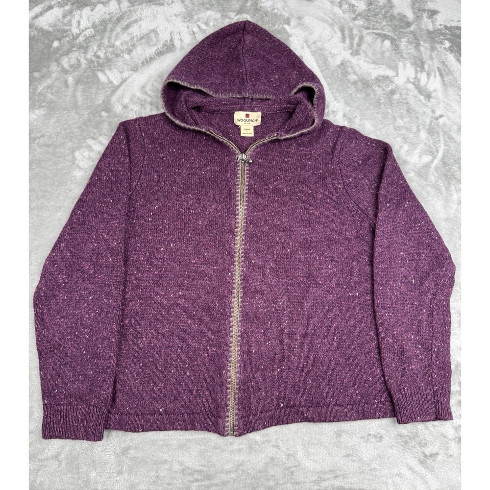 Woolrich Purple Tweed Wool Jacket Womens Large L Fill Zip Knit Hooded‎ Sweater